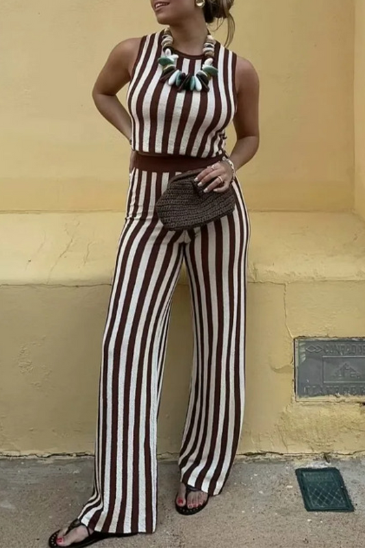 Casual Street Stripe Weave O Neck Sleeveless Two Pieces