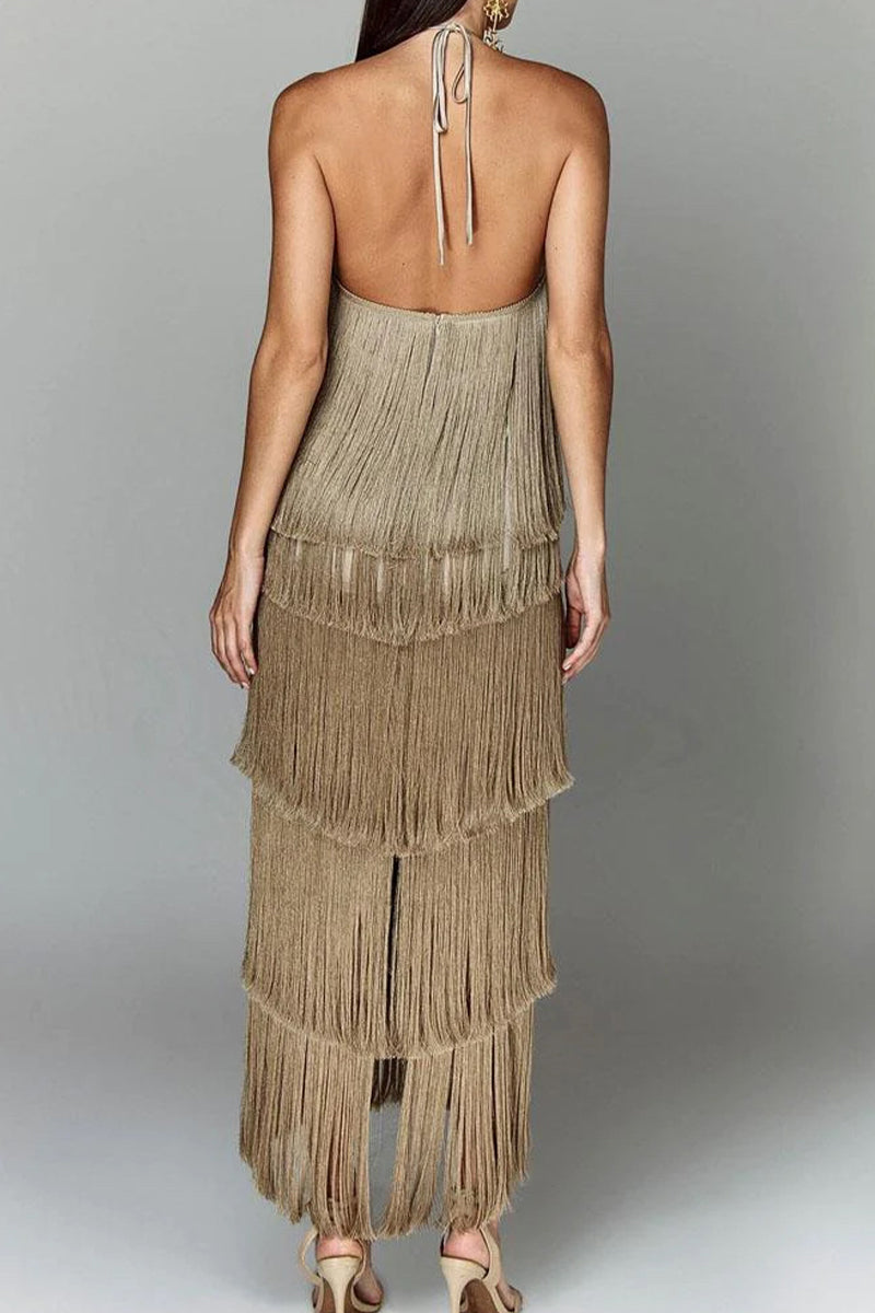 Sexy Fringed Trim Backless Halter Sleeveless Dresses(4 Colors)