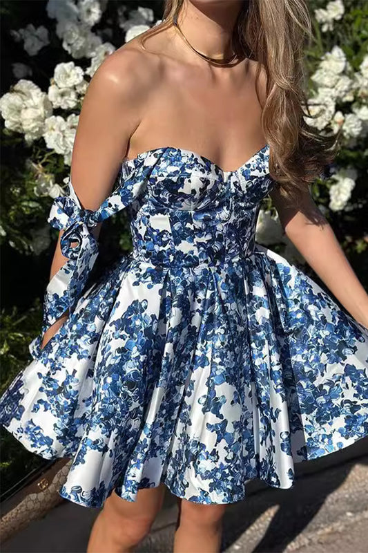 Sexy Prom Floral Print Lace Up Ruched Square Neck Evening Dresses