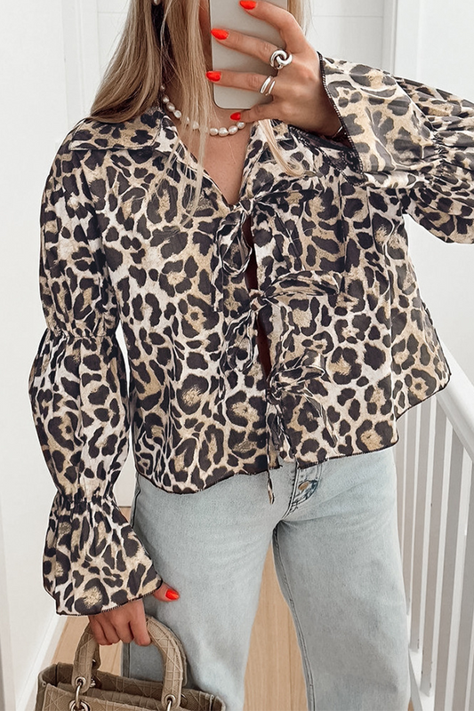 Casual Street Leopard Print Lace Up Turndown Collar Blouses