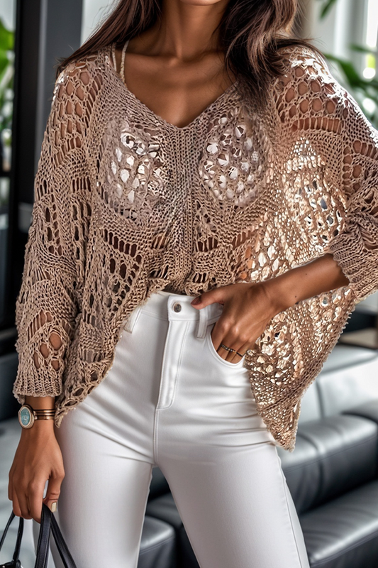 Casual Street Solid Color Hollow Out Weave V Neck Sweaters