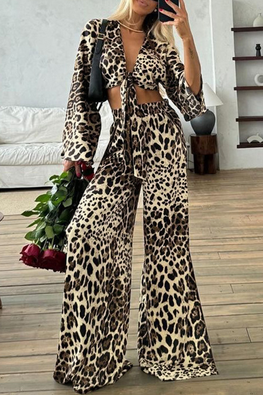 Sexy Street Leopard Print Lace Up V Neck Long Sleeve Two Pieces