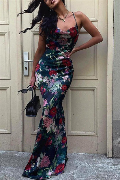 Sexy Casual Floral Print Backless Spaghetti Strap Long Dresses