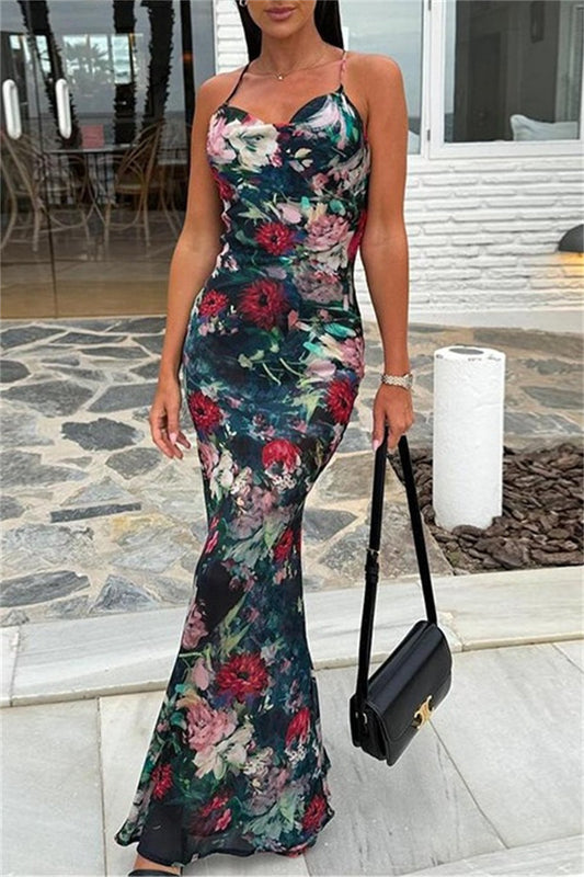 Sexy Casual Floral Print Backless Spaghetti Strap Long Dresses