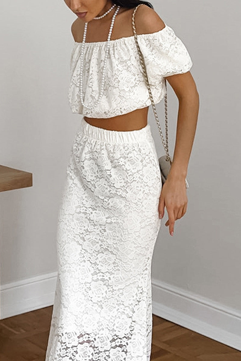 Sexy Lace Hollow Out Off Shoulder Short Sleeve Two Pieces