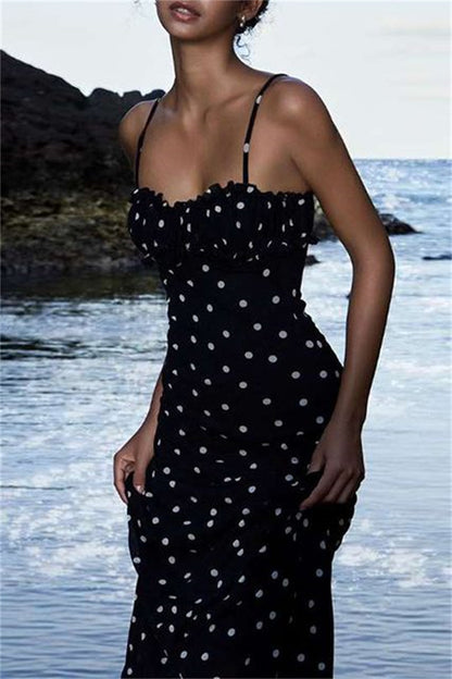 Sexy Casual Polka Dot Print Backless Spaghetti Strap Long Dresses