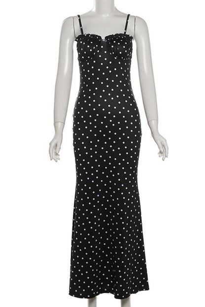 Sexy Casual Polka Dot Print Backless Spaghetti Strap Long Dresses