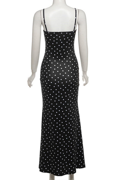 Sexy Casual Polka Dot Print Backless Spaghetti Strap Long Dresses