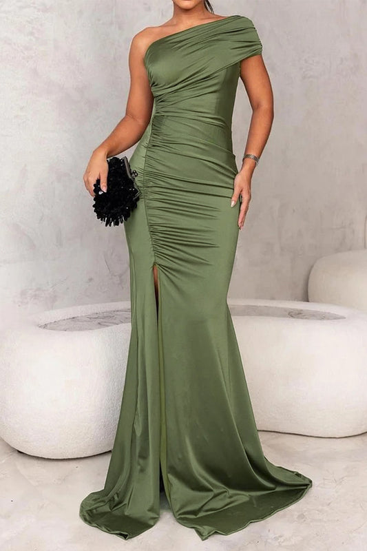 Sexy Prom Slit Ruched Sloping Shoulder Evening Dresses