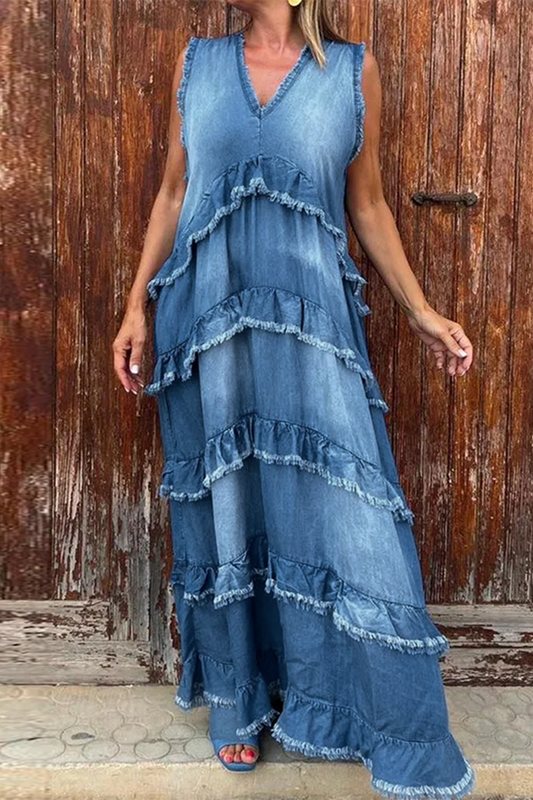 Casual Distressed Ruffle V Neck Sleeveless Loose Denim Dresses(4 Colors)