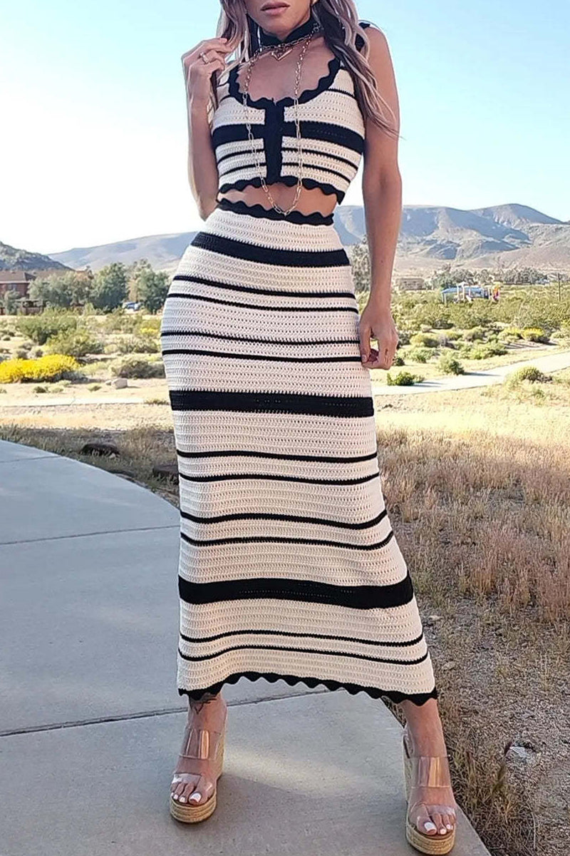 Sexy Stripe Weave Contrast U Neck Sleeveless Two Pieces