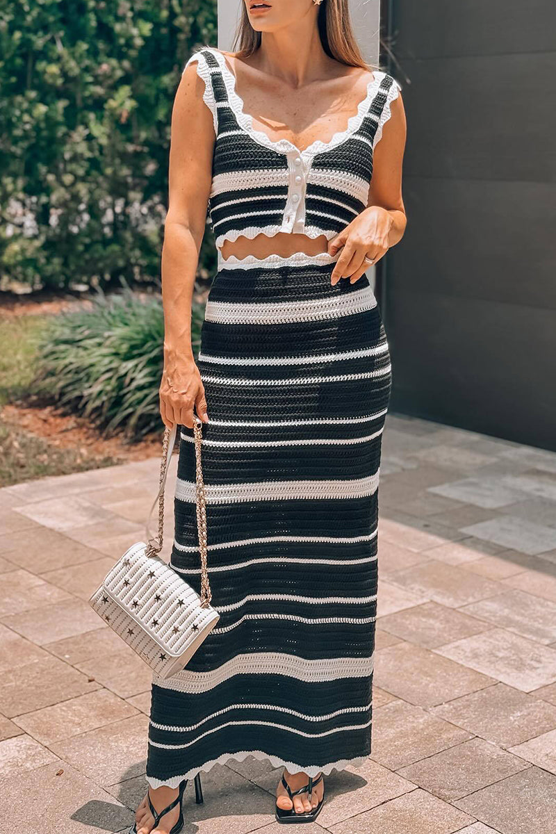 Sexy Stripe Weave Contrast U Neck Sleeveless Two Pieces