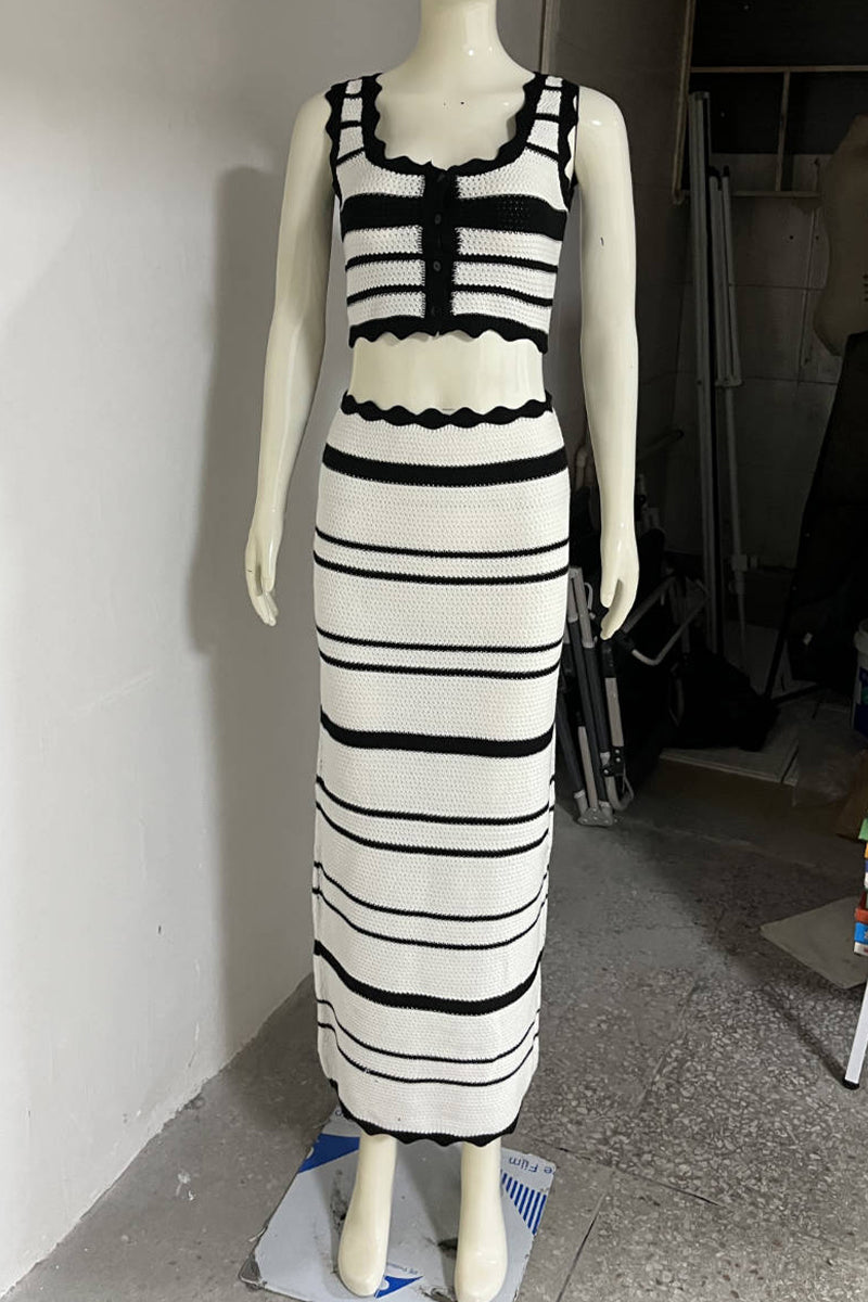 Sexy Stripe Weave Contrast U Neck Sleeveless Two Pieces