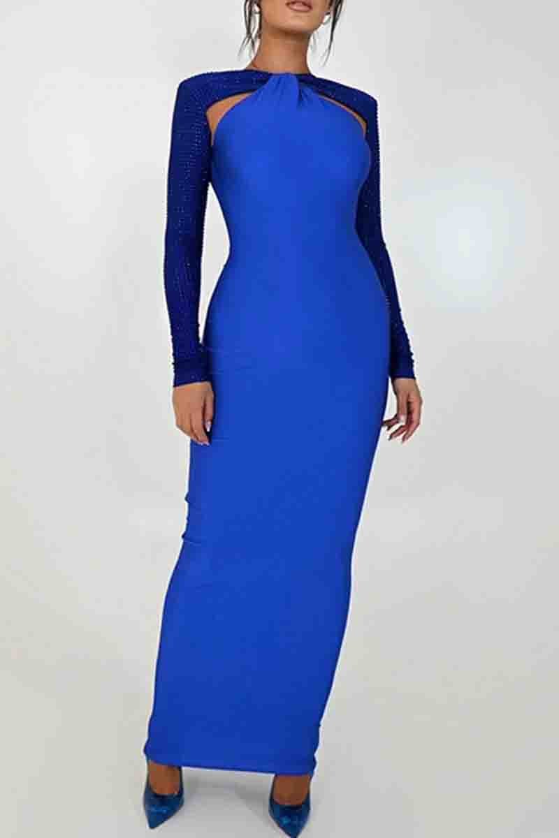 Elegant Hollow Out Patchwork Contrast O Neck Long Dresses(3 Colors)