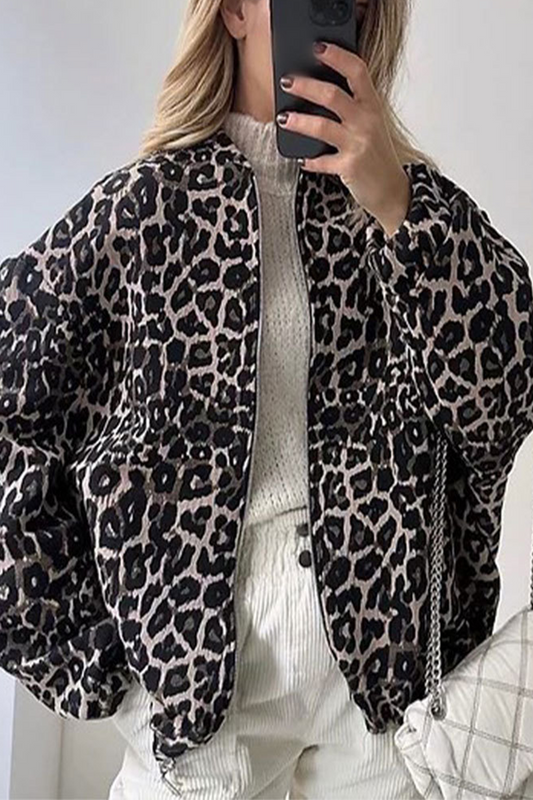 Casual Daily Leopard Print Contrast O Neck Jacket