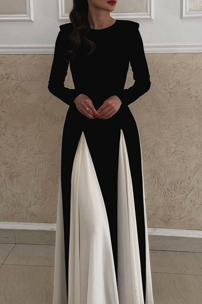 Elegant Solid Color Contrast O Neck Long Dresses