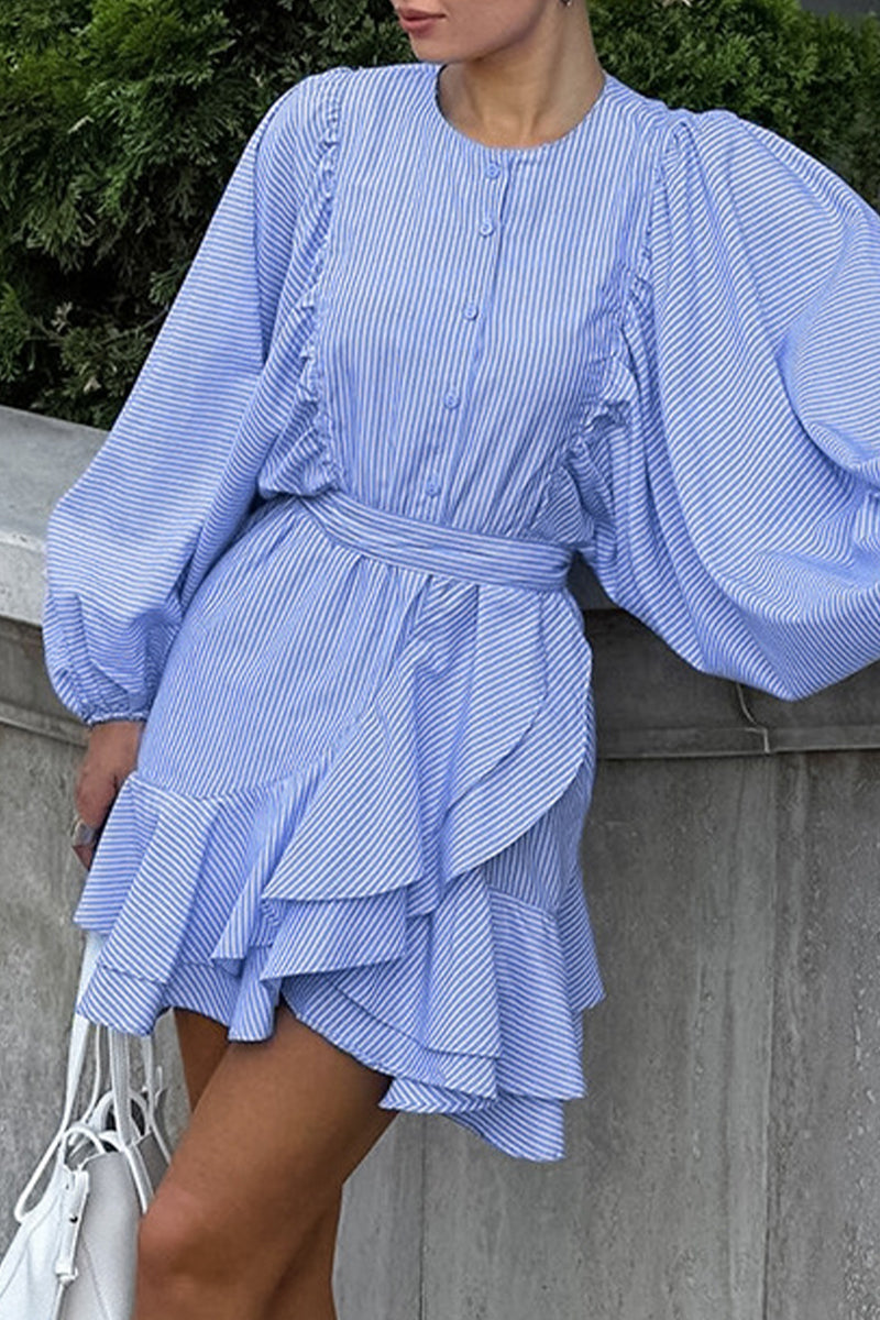 Elegant Striped Print Lace Up Buttons Ruffle O Neck A Line Dresses