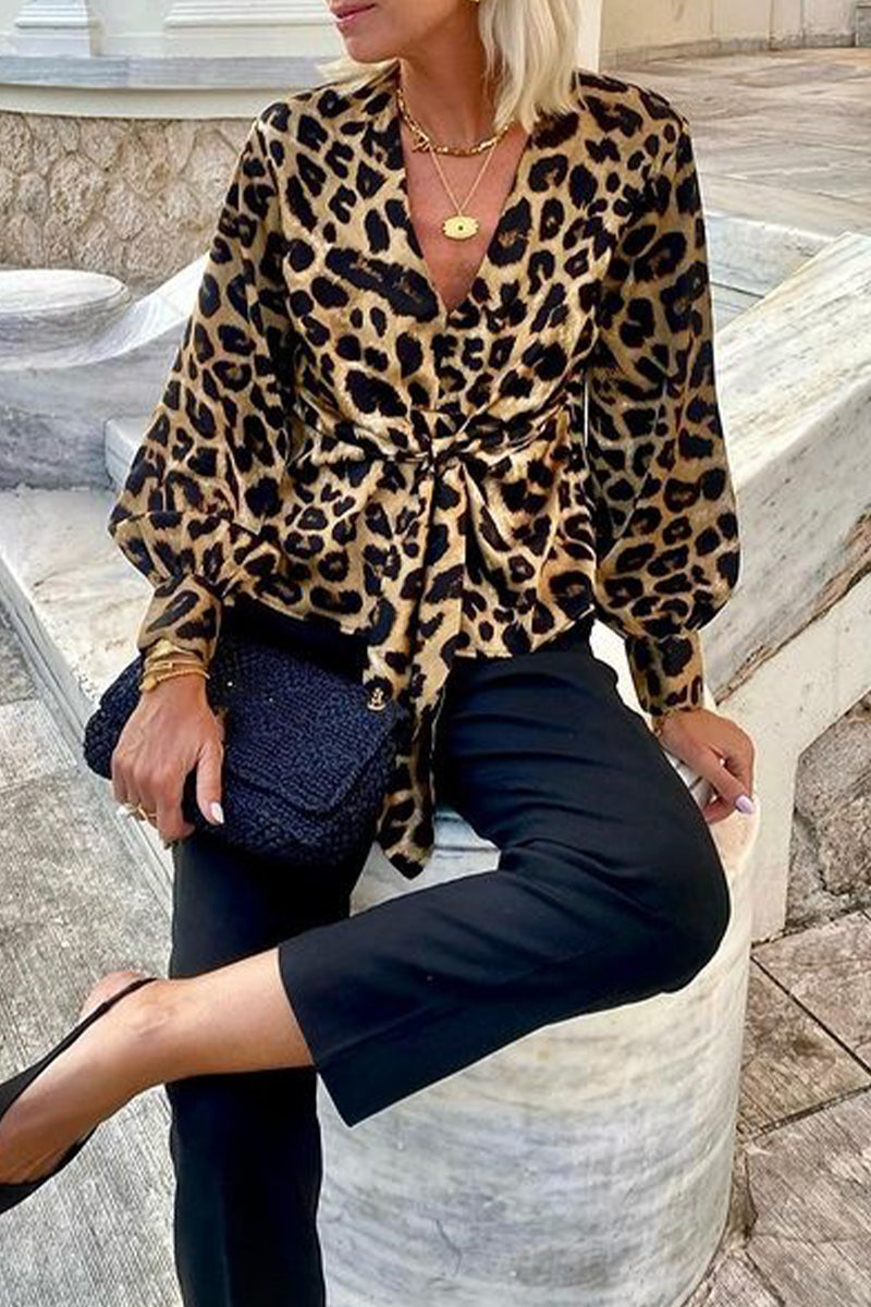 Street Elegant Leopard Print Lace Up V Neck Blouses