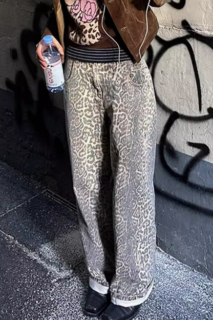 Casual Street Leopard Pocket Patchwork Loose High Waist Straight Full Print Bottoms(No Belt)