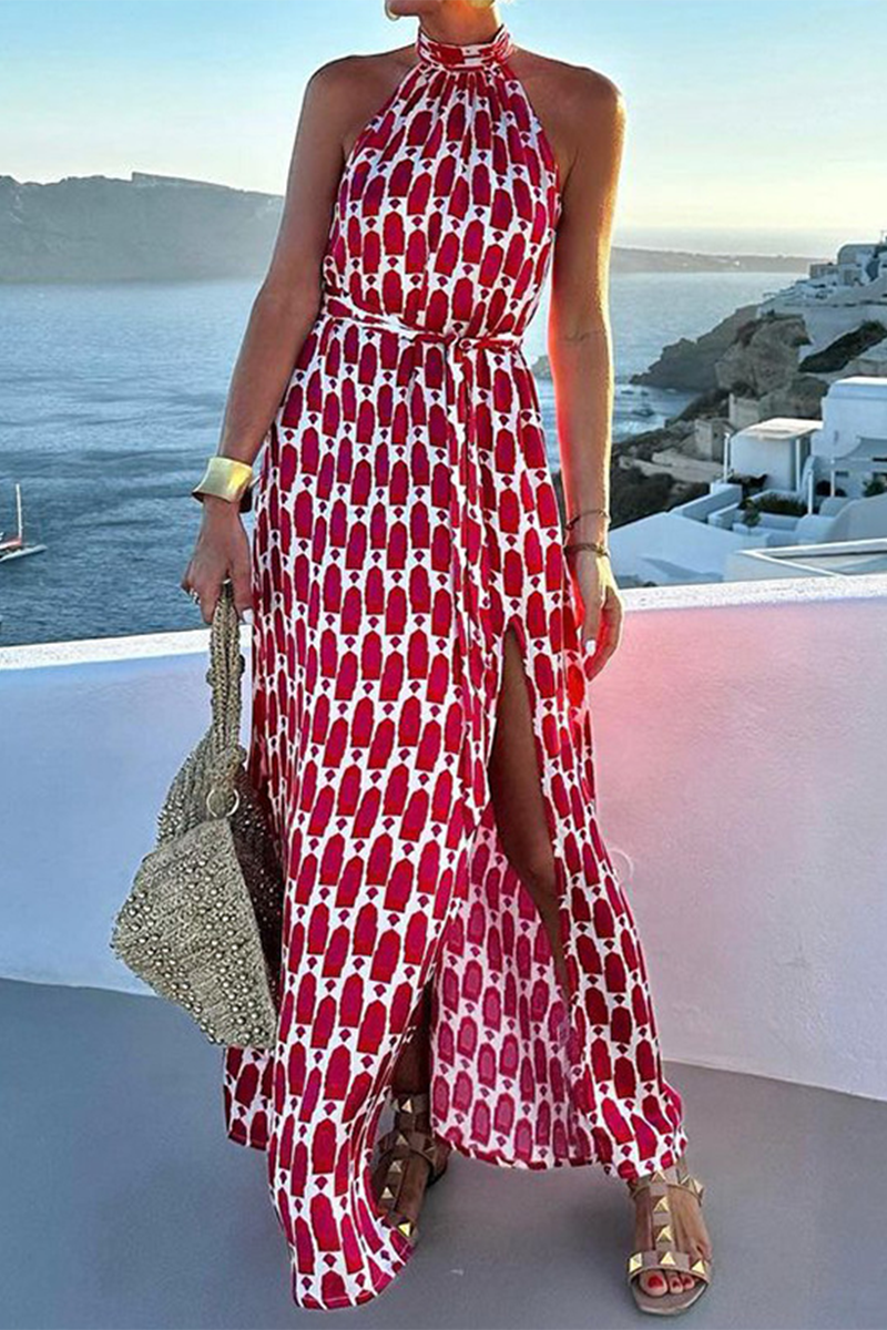 Vacation Elegant Geometric Print Lace Up Slit Contrast Halter Sleeveless Dresses