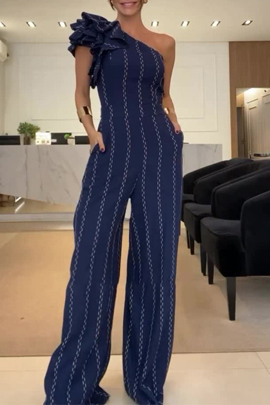 Casual Stripe Irregular Stringy Selvedge Sloping Shoulder Loose Jumpsuits