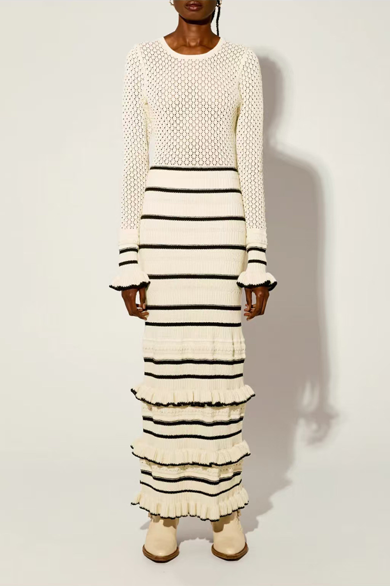 Casual Stripe Ruffle Weave Contrast O Neck Wrapped Skirt Dresses