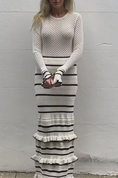 Casual Stripe Ruffle Weave Contrast O Neck Wrapped Skirt Dresses