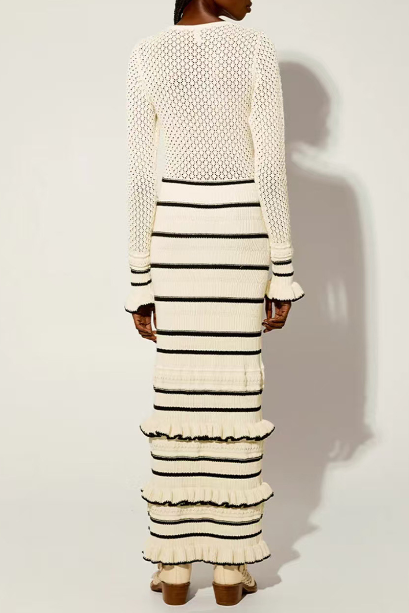 Casual Stripe Ruffle Weave Contrast O Neck Wrapped Skirt Dresses