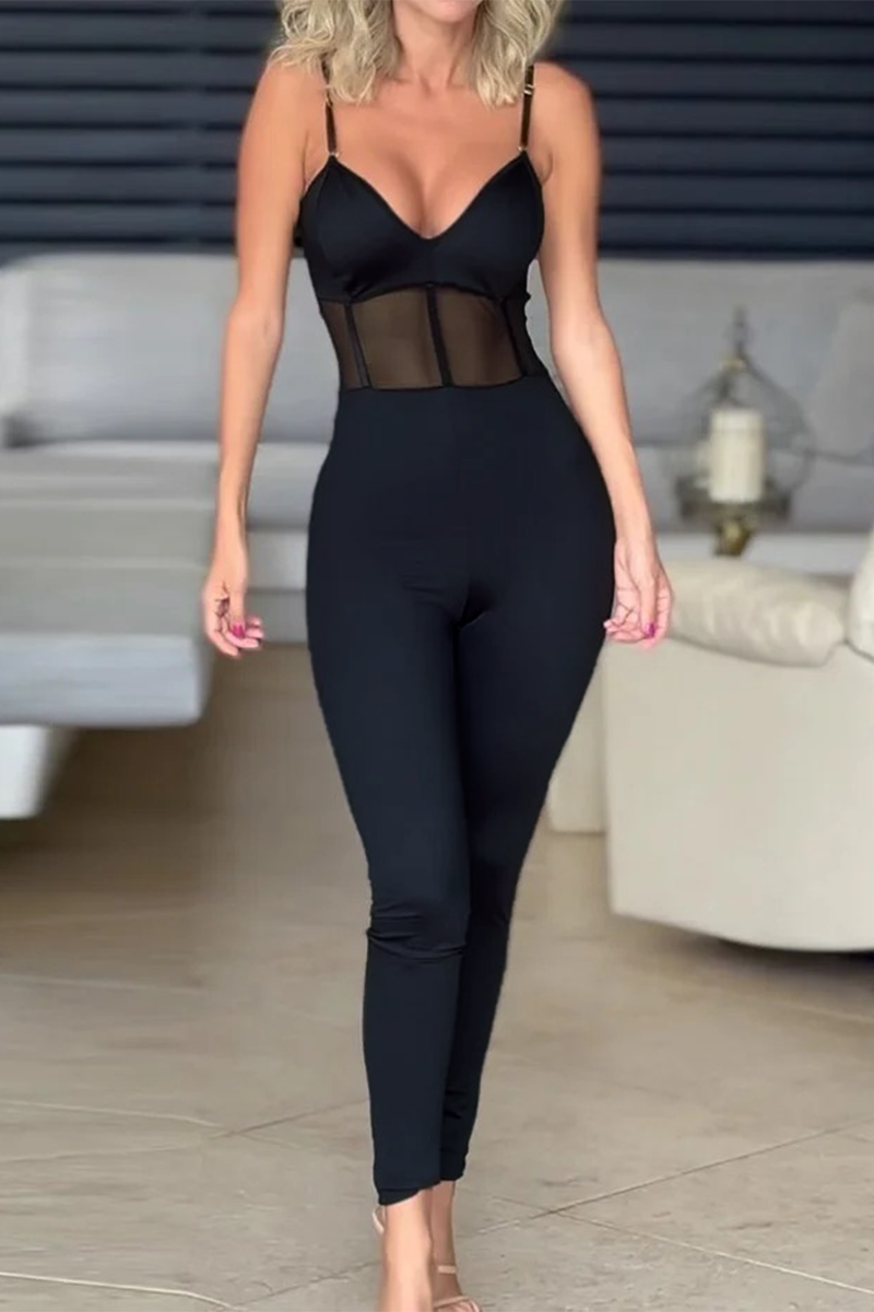 Sexy Solid Color Mesh V Neck Skinny Jumpsuits