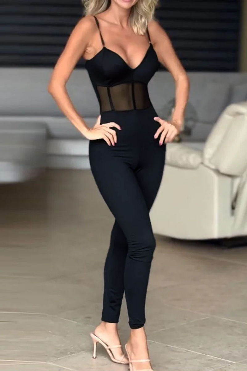 Sexy Solid Color Mesh V Neck Skinny Jumpsuits