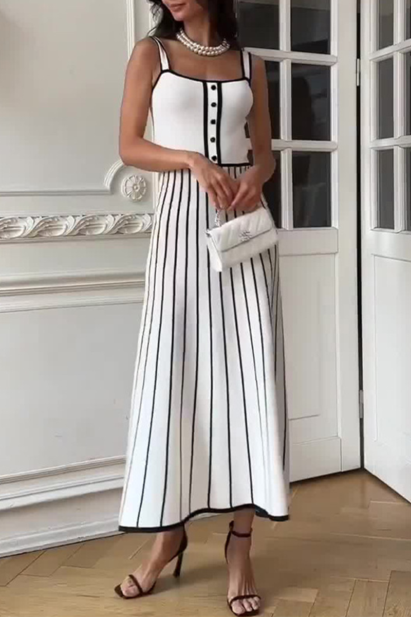 Sexy Stripe Weave Contrast Square Neck Sling Dresses