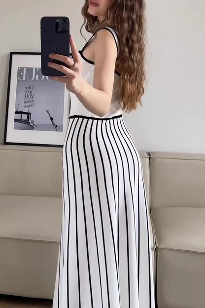 Sexy Stripe Weave Contrast Square Neck Sling Dresses