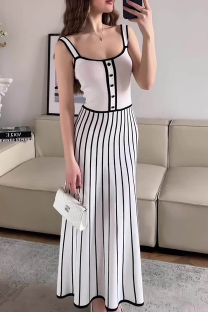 Sexy Stripe Weave Contrast Square Neck Sling Dresses