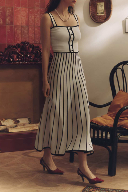 Sexy Stripe Weave Contrast Square Neck Sling Dresses