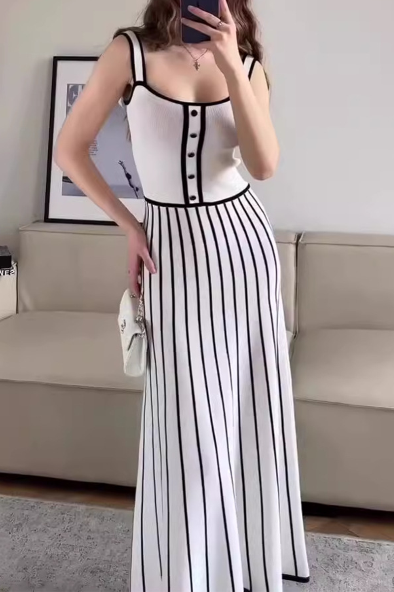 Sexy Stripe Weave Contrast Square Neck Sling Dresses