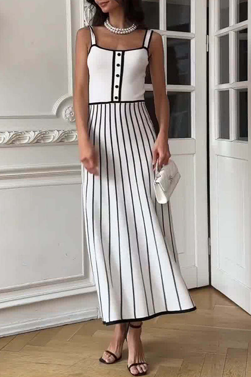 Sexy Stripe Weave Contrast Square Neck Sling Dresses