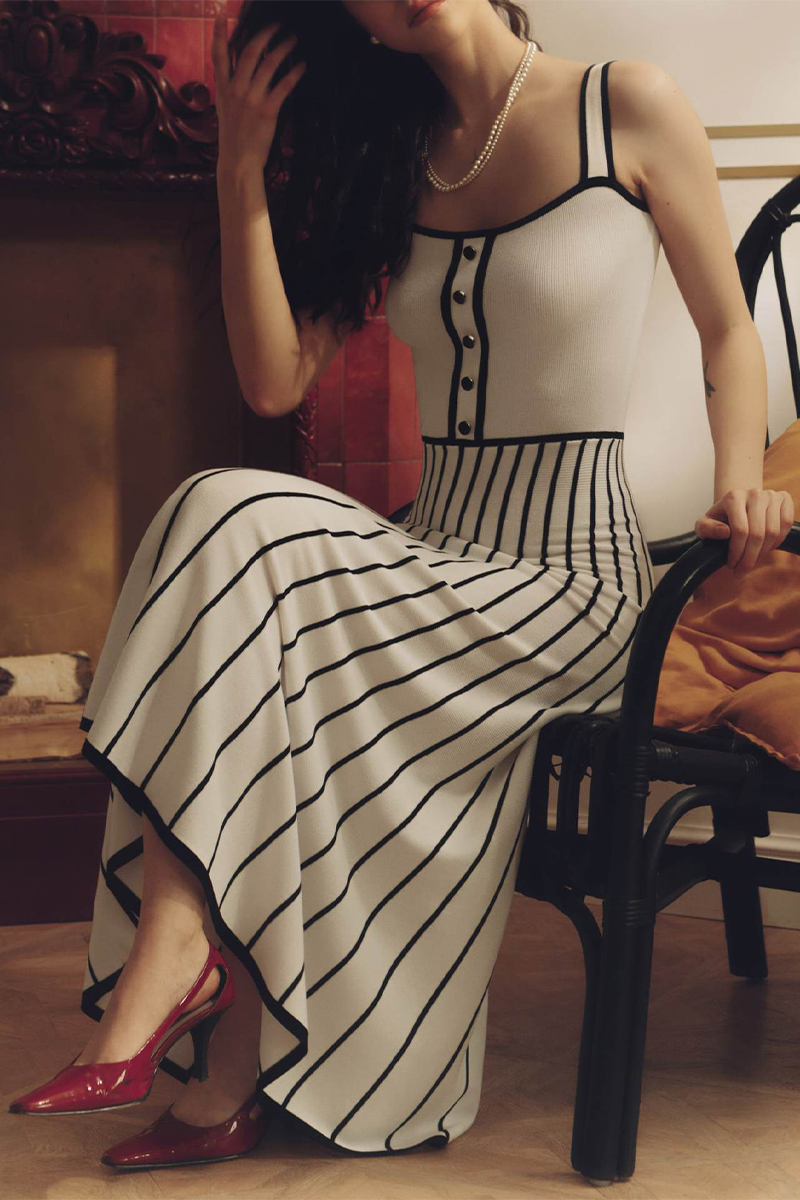 Sexy Stripe Weave Contrast Square Neck Sling Dresses