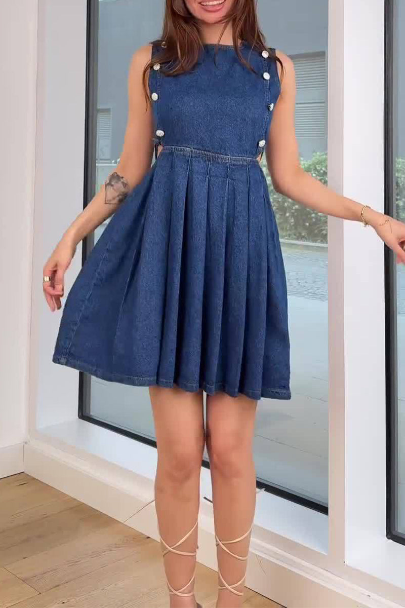 Casual Hollow Out Ruched Zipper O Neck Sleeveless Denim Dresses