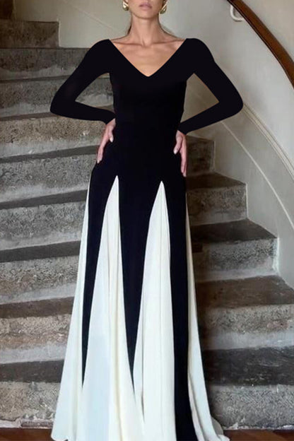 Elegant Patchwork Contrast V Neck Long Dresses