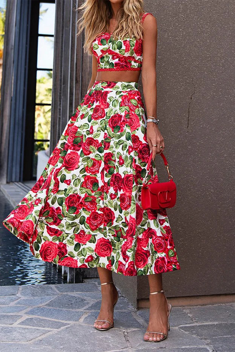 Sexy Flowers Print Pocket Contrast Square Neck Sleeveless Two Pieces