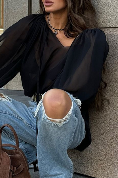 Casual Lace Up See-Through V Neck Blouses