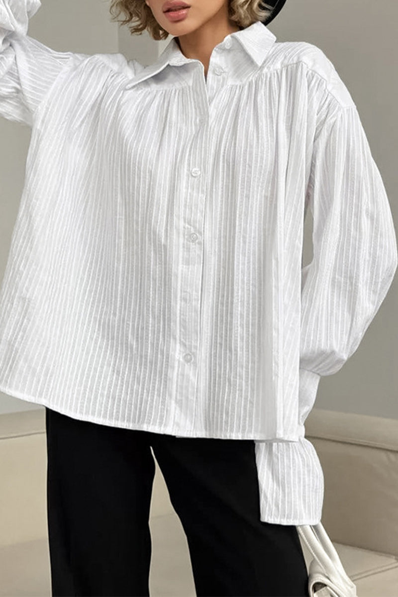 Casual Jacquard Buttons Texture Turndown Collar Blouses