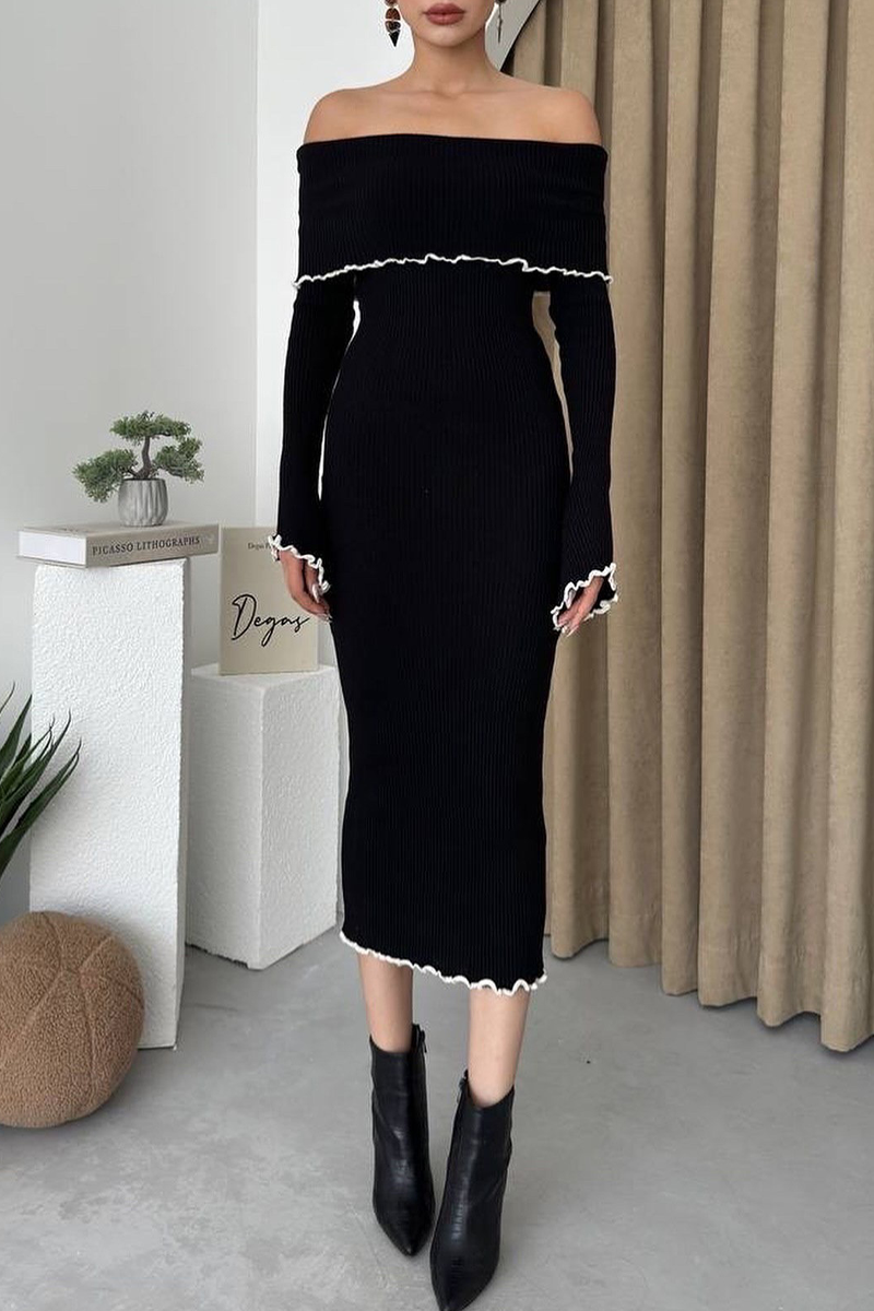 Sexy Patchwork Contrast Potholes Off Shoulder One Step Skirt Dresses