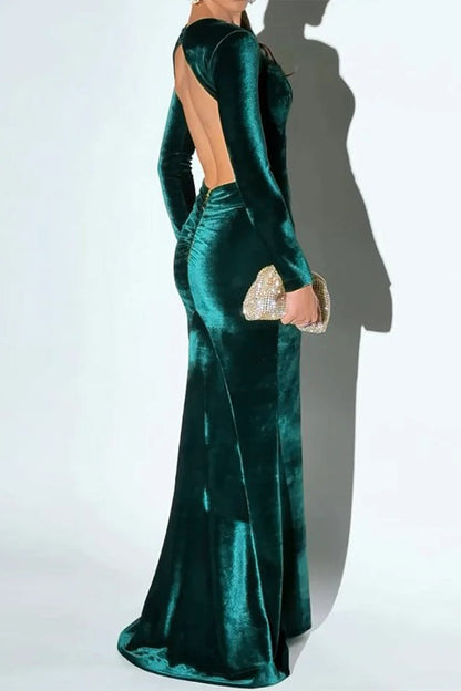 Sexy Prom Backless Velvet O Neck Evening Dresses