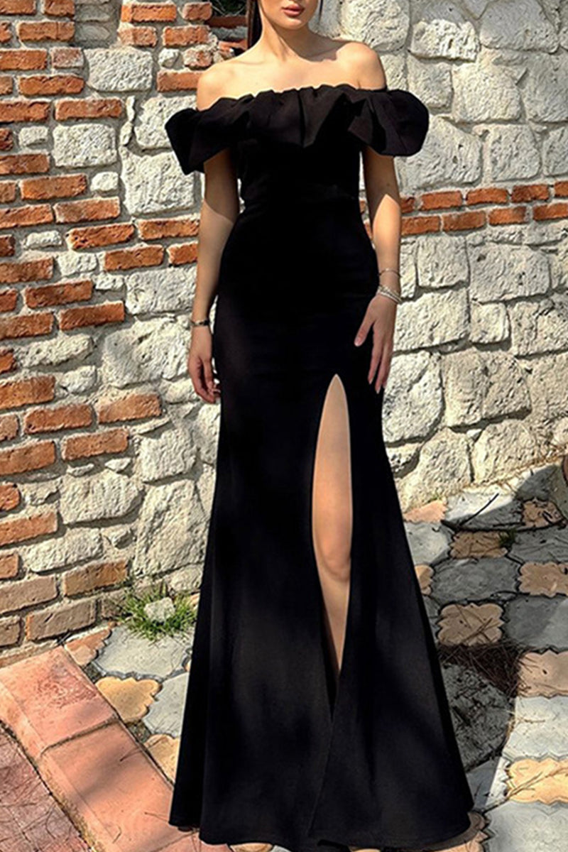 Elegant Patchwork Backless High Slit Off Shoulder Long Dresses