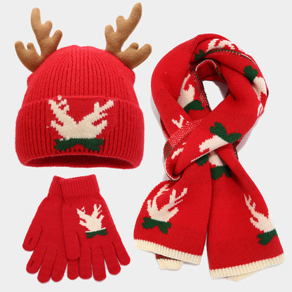 Christmas Reindeer Antler Scarf Hat Gloves Three Piece Set