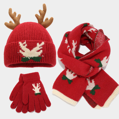 Christmas Reindeer Antler Scarf Hat Gloves Three Piece Set