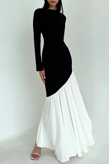 Elegant Ruched Contrast O Neck Long Dresses