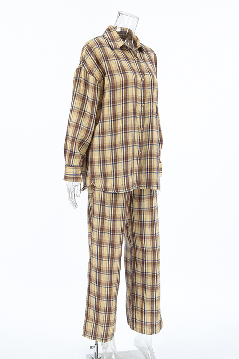 Casual Plaid Buttons Contrast Turndown Collar Long Sleeve Two Pieces