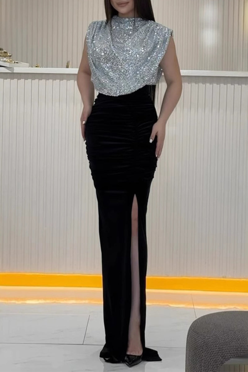 Sexy Prom Sequins Slit Sequined Half A Turtleneck Evening Dresses(3 Colors)